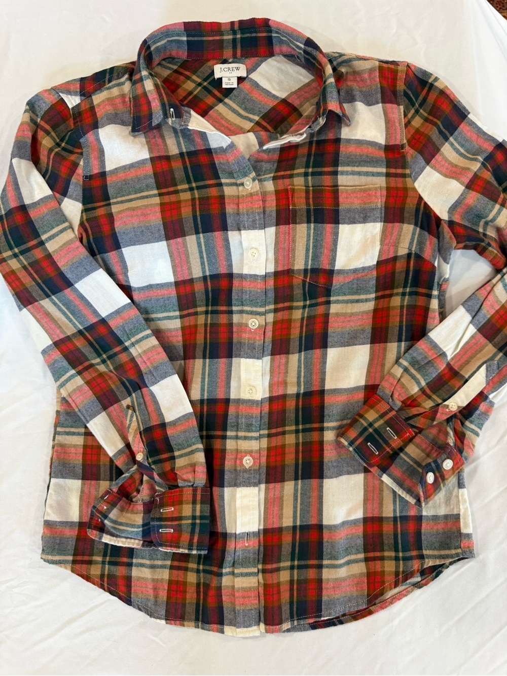 J.Crew Plaid Lightweight Flannel Perfect Shirt Small Red Blue Cream Button Dow